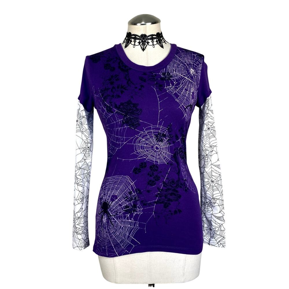 Y2K Style Spider Web Print Purple Layered Long Sleeve Top Emo Goth Grunge Alt S
